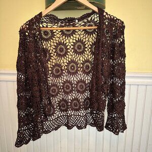 Crochet Open Knit Cardigan Sweater Sunburst Pattern In Brown Metallic Thread